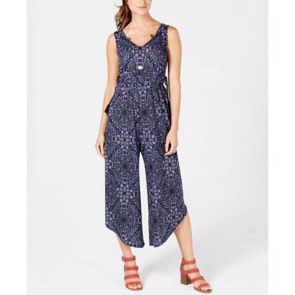 STYLE & CO Blue Floral Cropped Jumpsuit Size medium